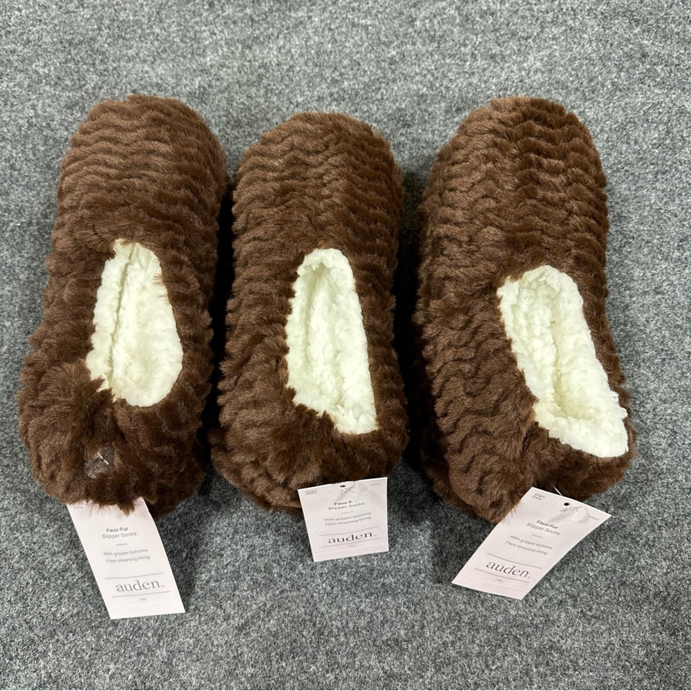 Womens Auden Faux Fur Slipper Socks Gripper Bottoms Small Medium Brown 3 PAIR